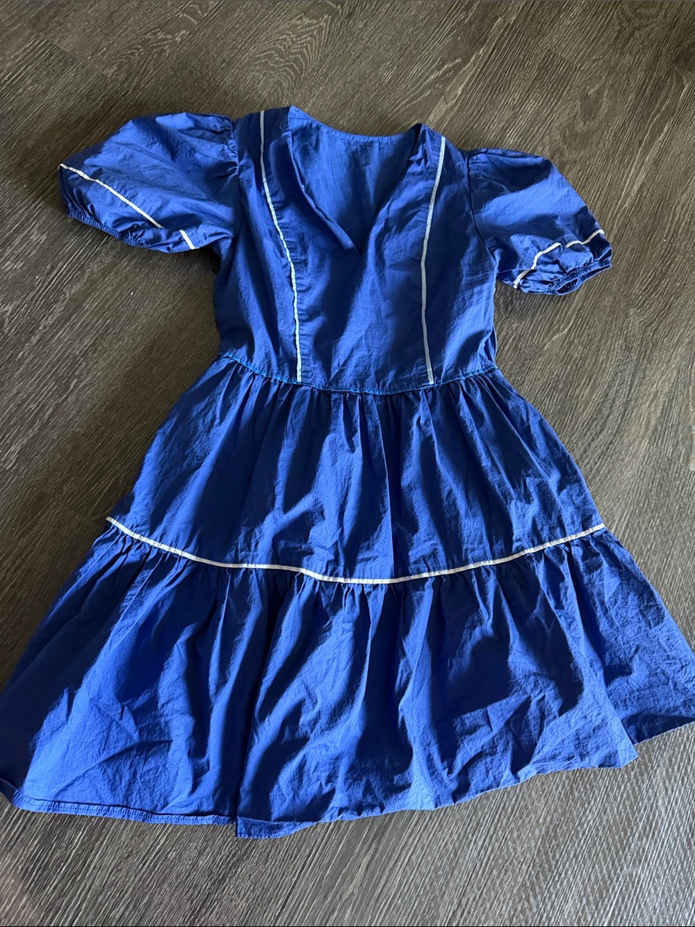 Blue Puff Sleeve Dress with White Trim